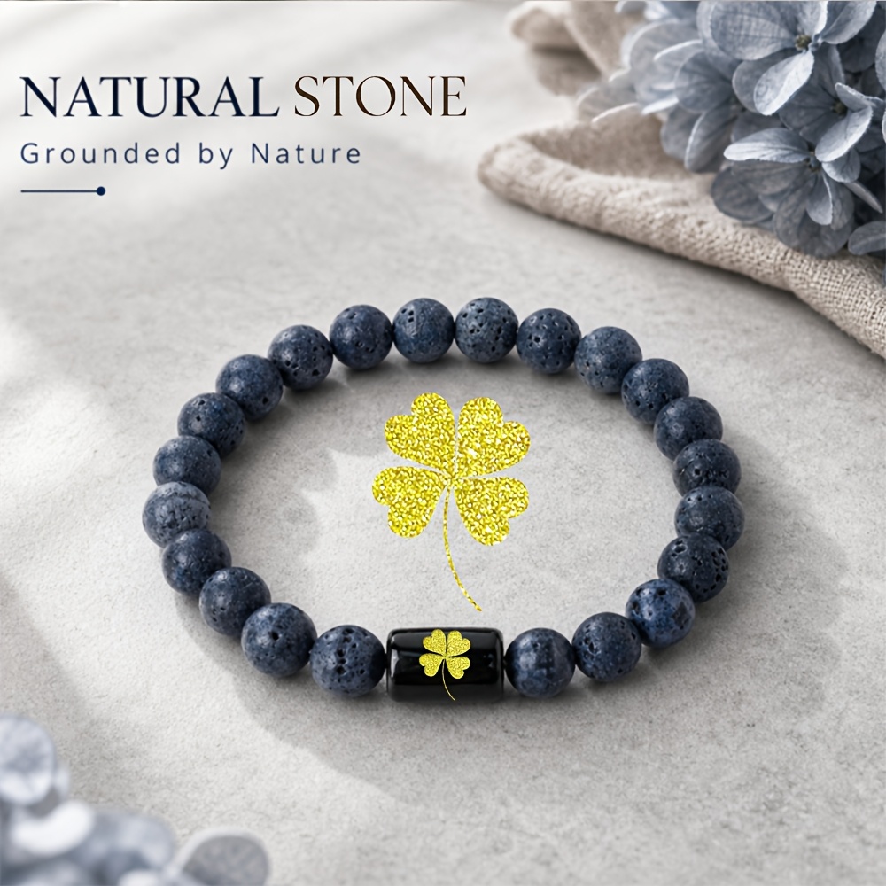 Women's Natural Stone Beaded Bracelet with Golden Four-Leaf Clover